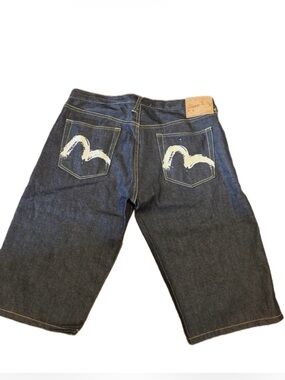 Evisu Dark Indigo Denim Jorts with Yellow Stitching | Y2K Jean Shorts